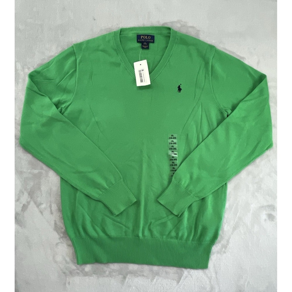 Polo Ralph Lauren Sweater Youth XL 18-20 Green V-Neck Lightweight Casual Preppy